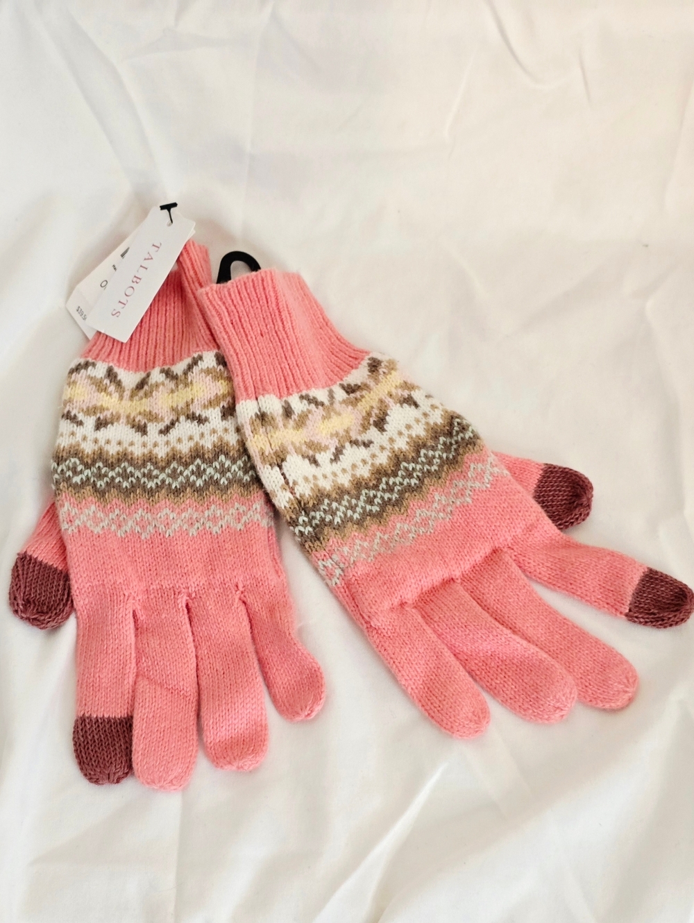 Talbots Fair Isle Knit Gloves Pink NWT Touchscreen Winter Preppy Classic Gift